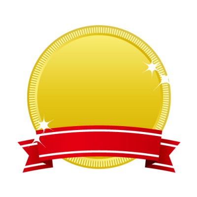 金賞表示に最適な赤いリボンのついた金メダルアイコンイラスト 無料 商用可能 メダル バッジ コイン シールイラレ素材ダウンロードサイト